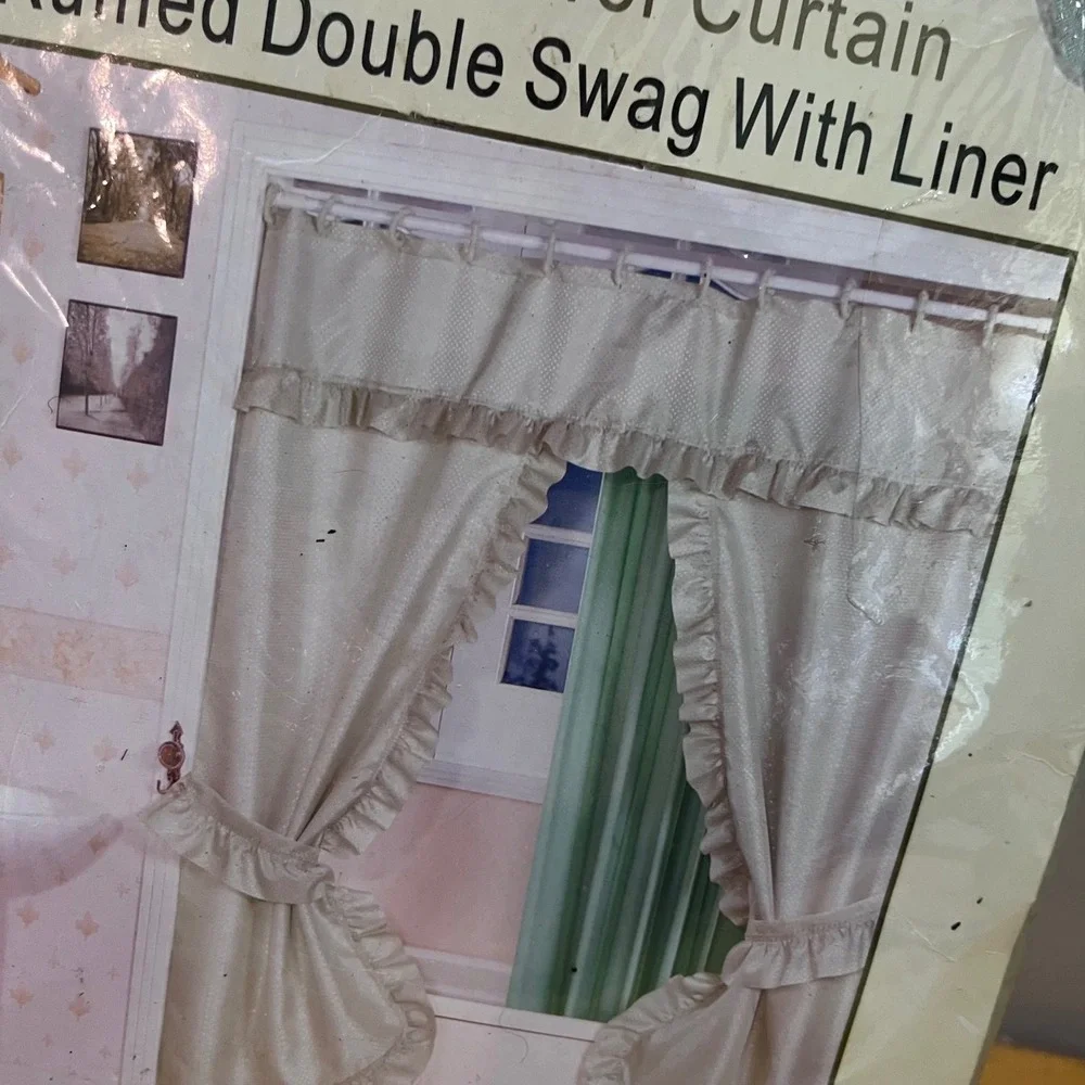 Vtg Interiors by Design Sage Green Ruffled Double Swag Shower Curtain Set New